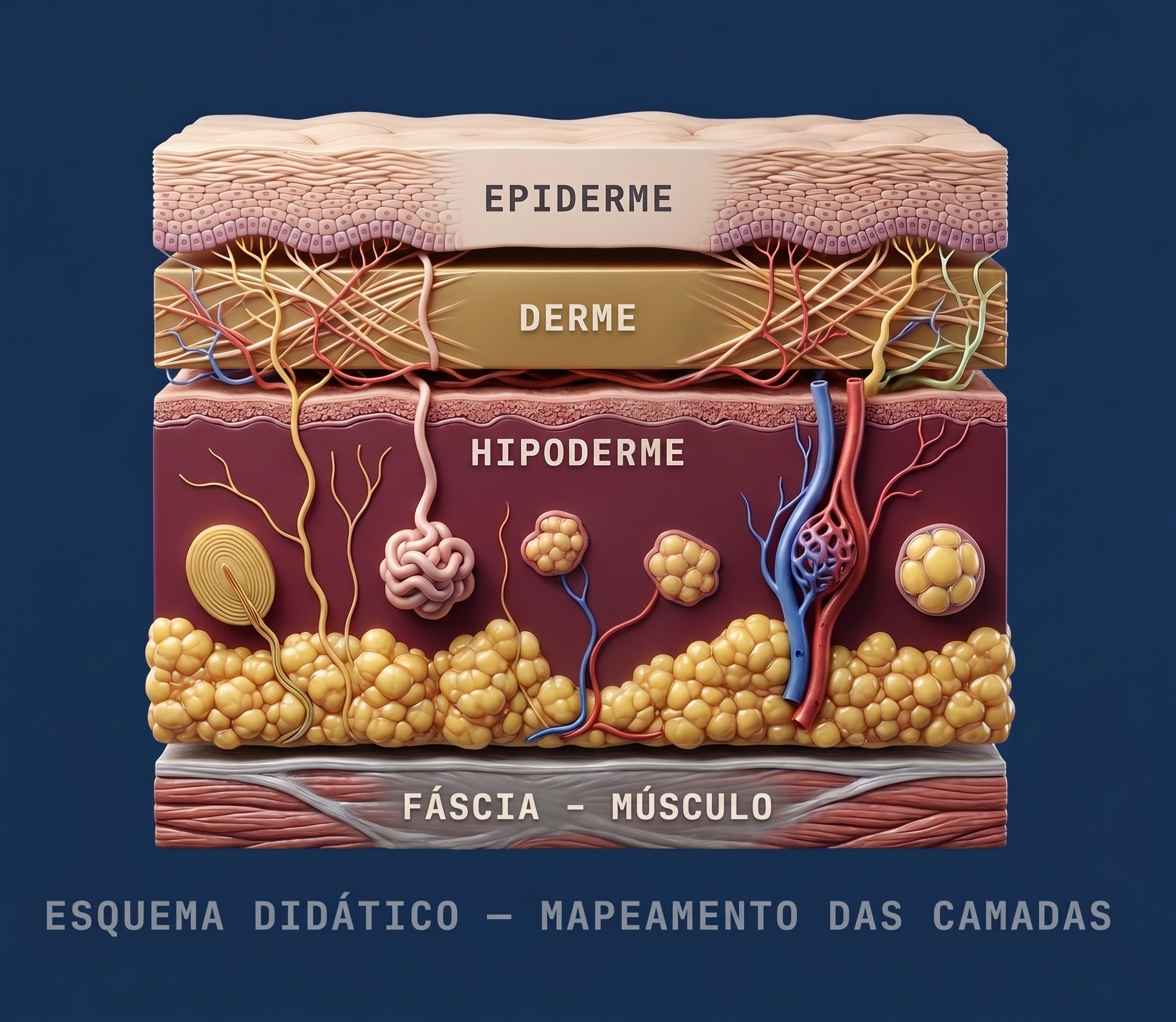 Esquema didático das camadas da pele — Epiderme, Derme, Hipoderme, Fáscia e Músculo
